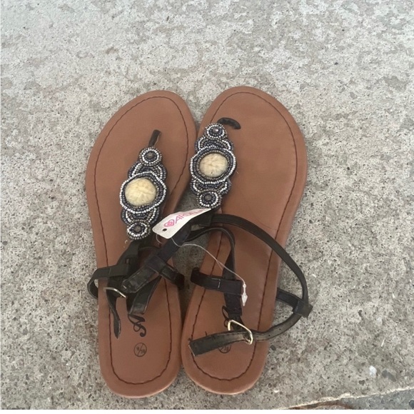 NWT Y2K Beaded Black/Tan Sandals - Picture 1 of 3